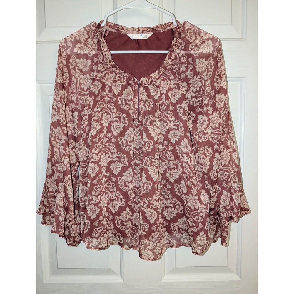 LC Lauren Conrad Floral Bell Sleeve Blouse Burgundy Boho Cottagecore Top PS